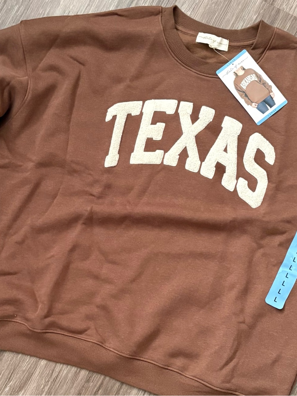 State of Mind Brown Texas Sweatshirt with Cream Chenille Letters